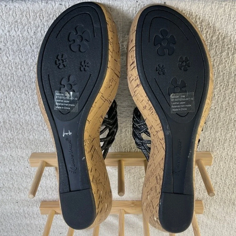 BareTraps Italicize Black Leather Floral Cutout Cork Wedge‎ Sandals Womens 10M